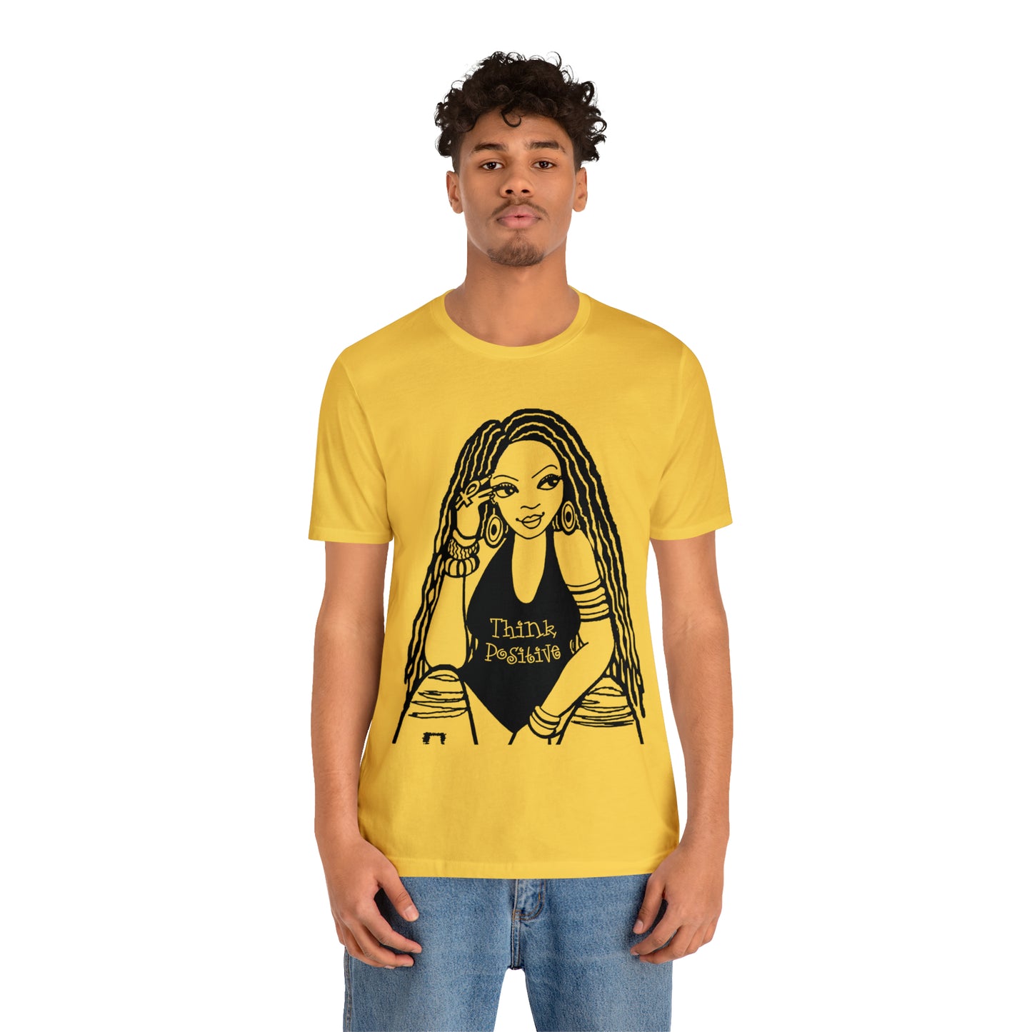 Think Positive T-Shirt with Locs Unisex Jersey Short Sleeve Tee - Yes Lioness Arts