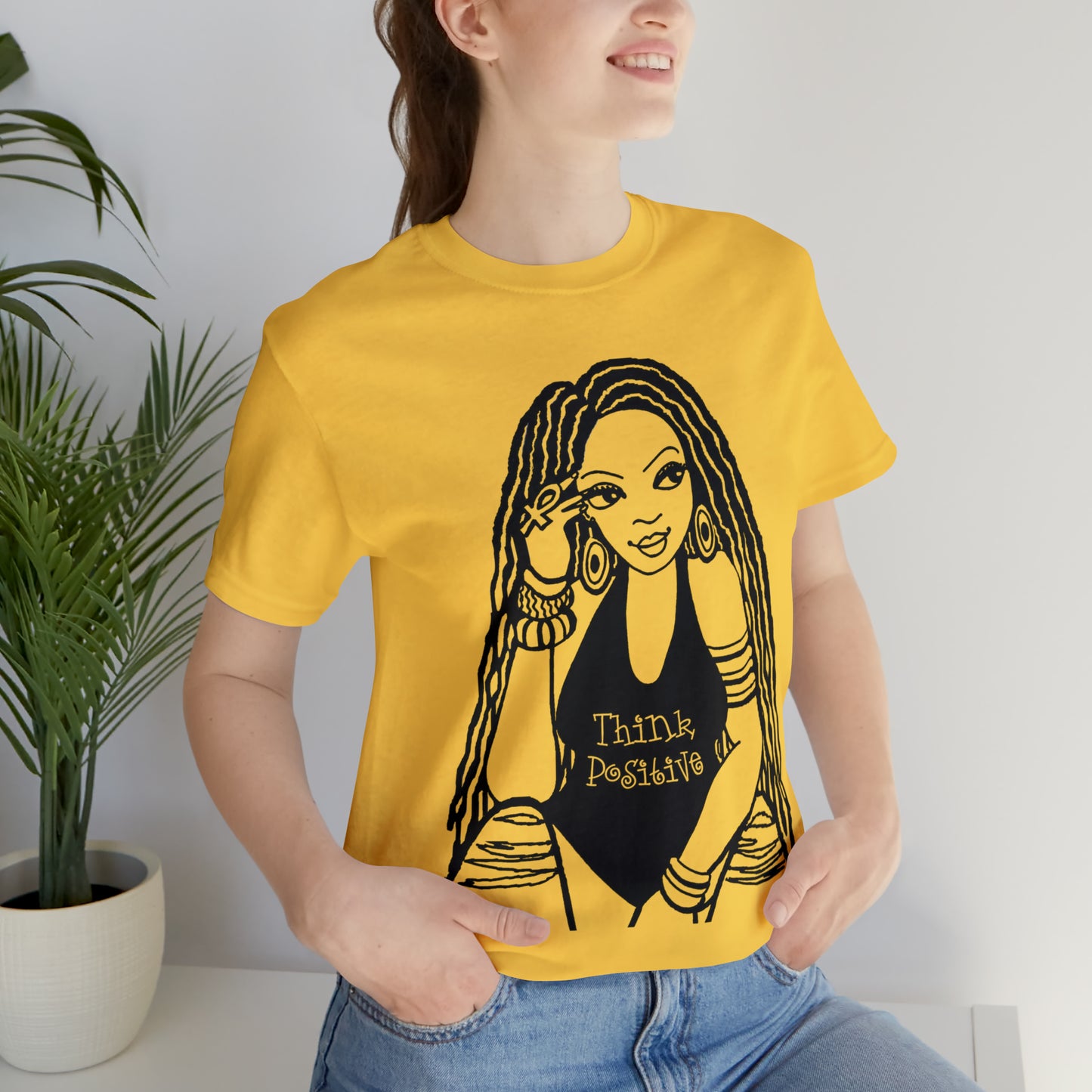 Think Positive T-Shirt with Locs Unisex Jersey Short Sleeve Tee - Yes Lioness Arts