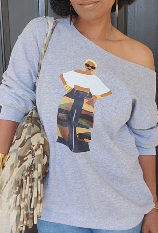 The Camo Cargo Queen BLONDE Hair Unisex Crewneck Sweatshirt OFF THE SHOULDER