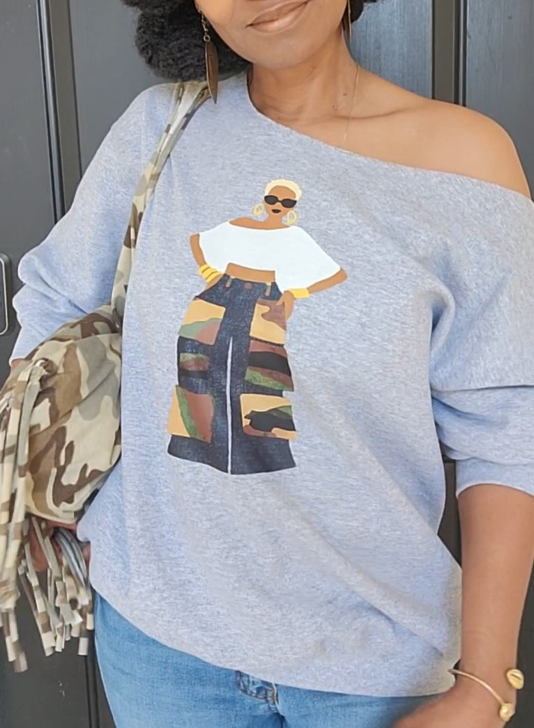 The Camo Cargo Queen BLONDE Hair Unisex Crewneck Sweatshirt OFF THE SHOULDER