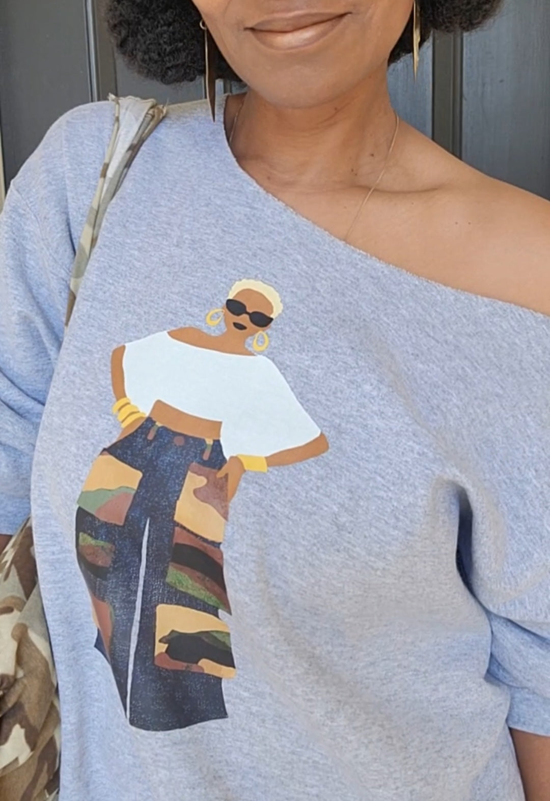 The Camo Cargo Queen BLONDE Hair Unisex Crewneck Sweatshirt OFF THE SHOULDER