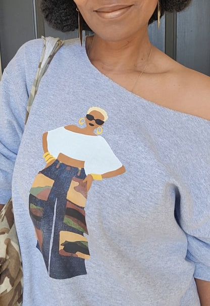 The Camo Cargo Queen BLONDE Hair Unisex Crewneck Sweatshirt OFF THE SHOULDER