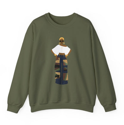 The Camo Cargo Queen BLONDE Hair Unisex Crewneck Sweatshirt OFF THE SHOULDER