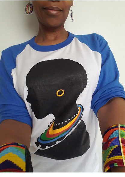 The Tribal Unisex 3/4 Sleeve Baseball Tee with True Royal Blue Sleeves - Yes Lioness Arts