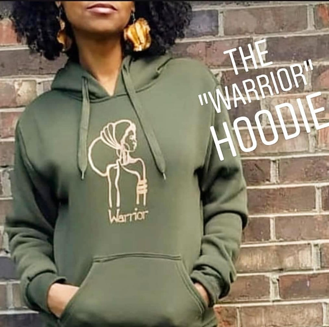 The Warrior Hoodie in Olive Green with khaki design - Yes Lioness Arts