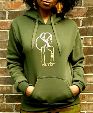 The Warrior Hoodie in Olive Green with khaki design - Yes Lioness Arts